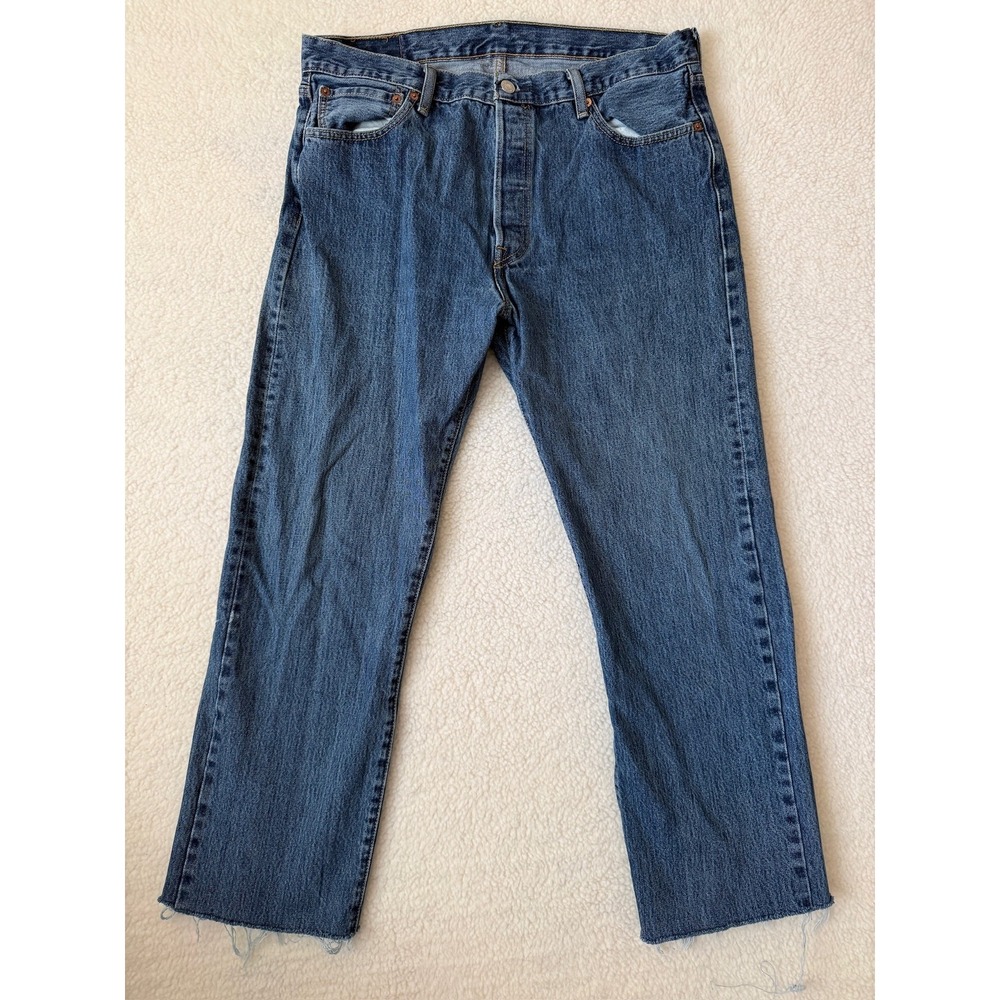 Levis 501 Jeans Mens 36x30 Blue Regular Straight Denim Button Fly Raw Hem